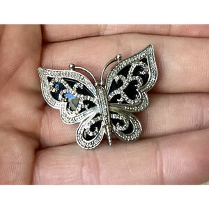 Pave Diamonds Set In Butterfly Ornate Slide Pendant Sterling Silver JewelryVntg